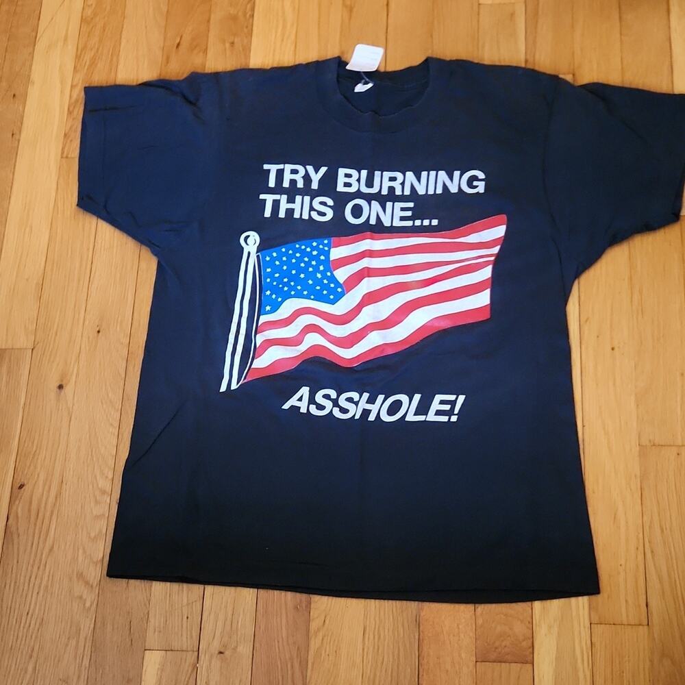 Vintage Try Burning This One Patriotic tshirt Men L Black USA Flag Graphic